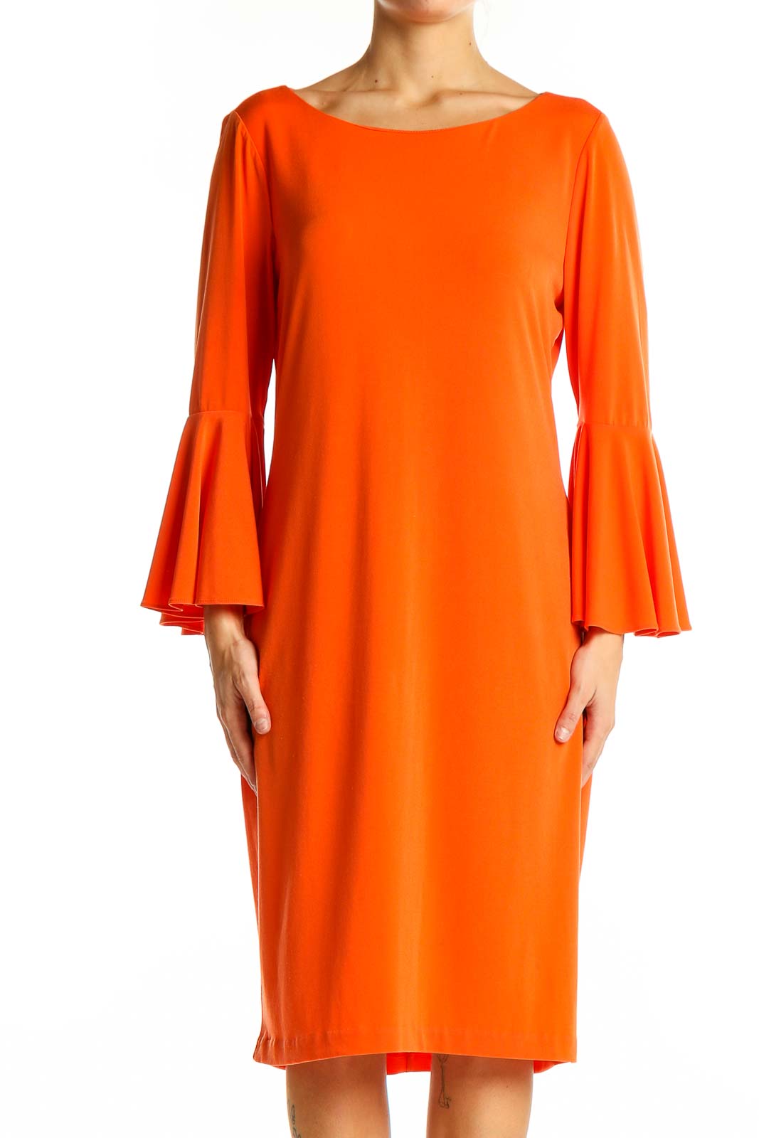 Front view of orange Calvin Klein midi dress with bell sleeves