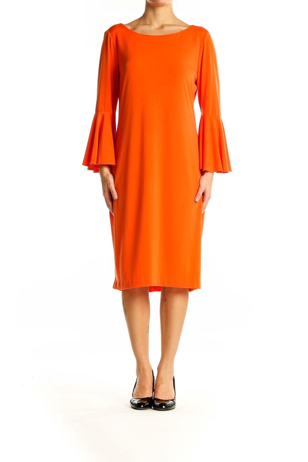 Front view of orange Calvin Klein midi dress with bell sleeves