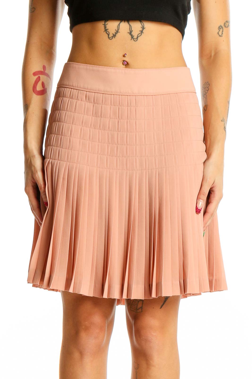 Front view of J.Crew blush pleated polyester mini skirt