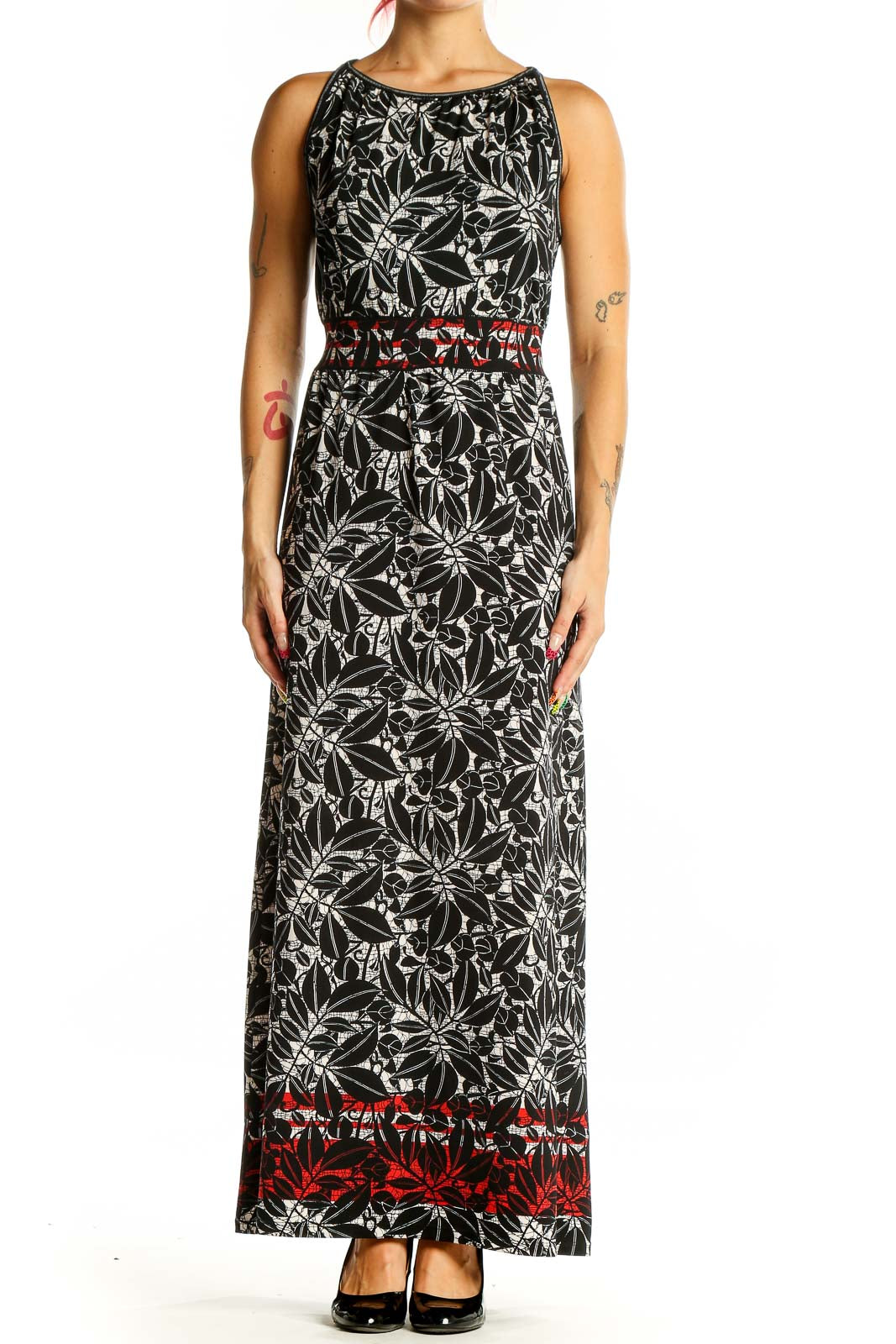 Front view of Max Studio Black Floral Print Maxi Dress with white floral pattern and red border