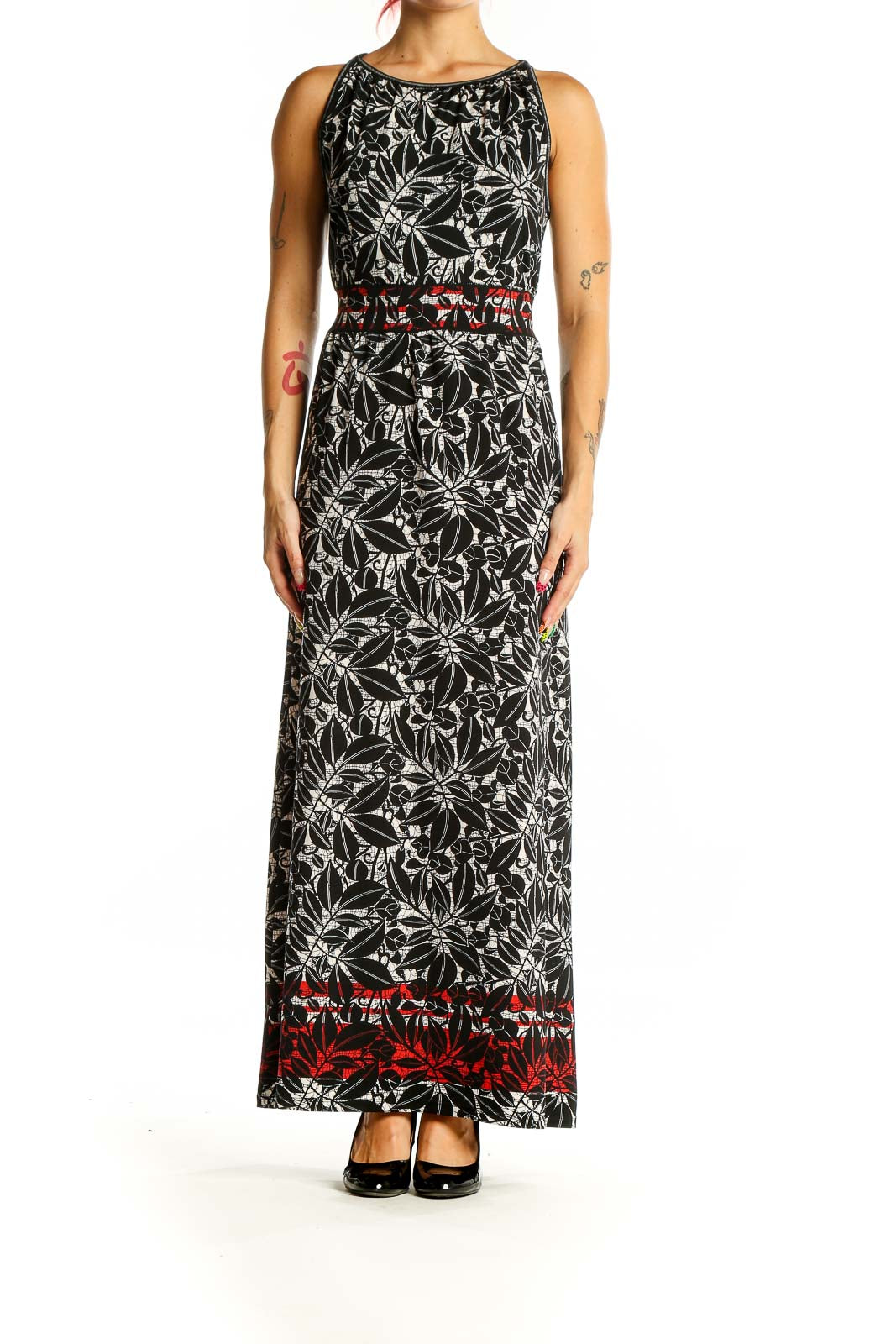 Front view of Max Studio Black Floral Print Maxi Dress with white floral pattern and red border