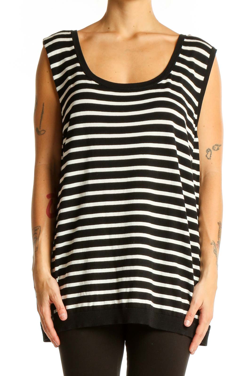 Front view of Talbots Black and White Striped Sleeveless Knit Top