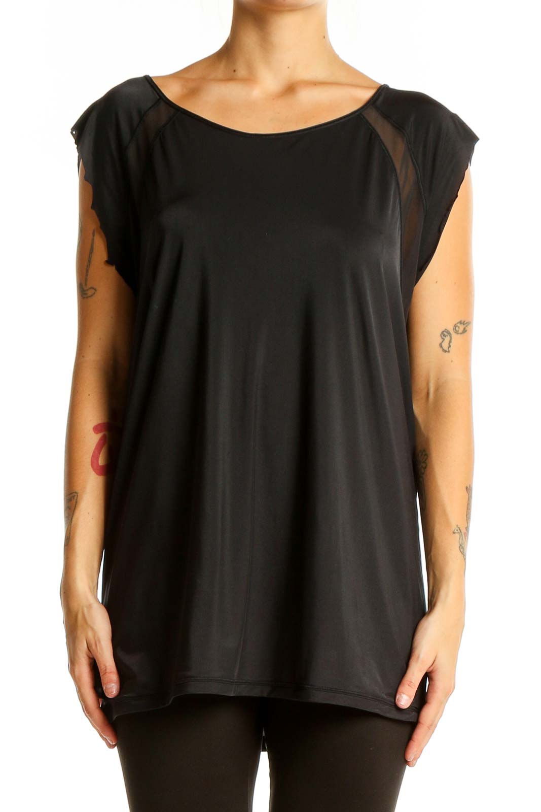 Front view of black Lululemon athletic tank top with scoop neck