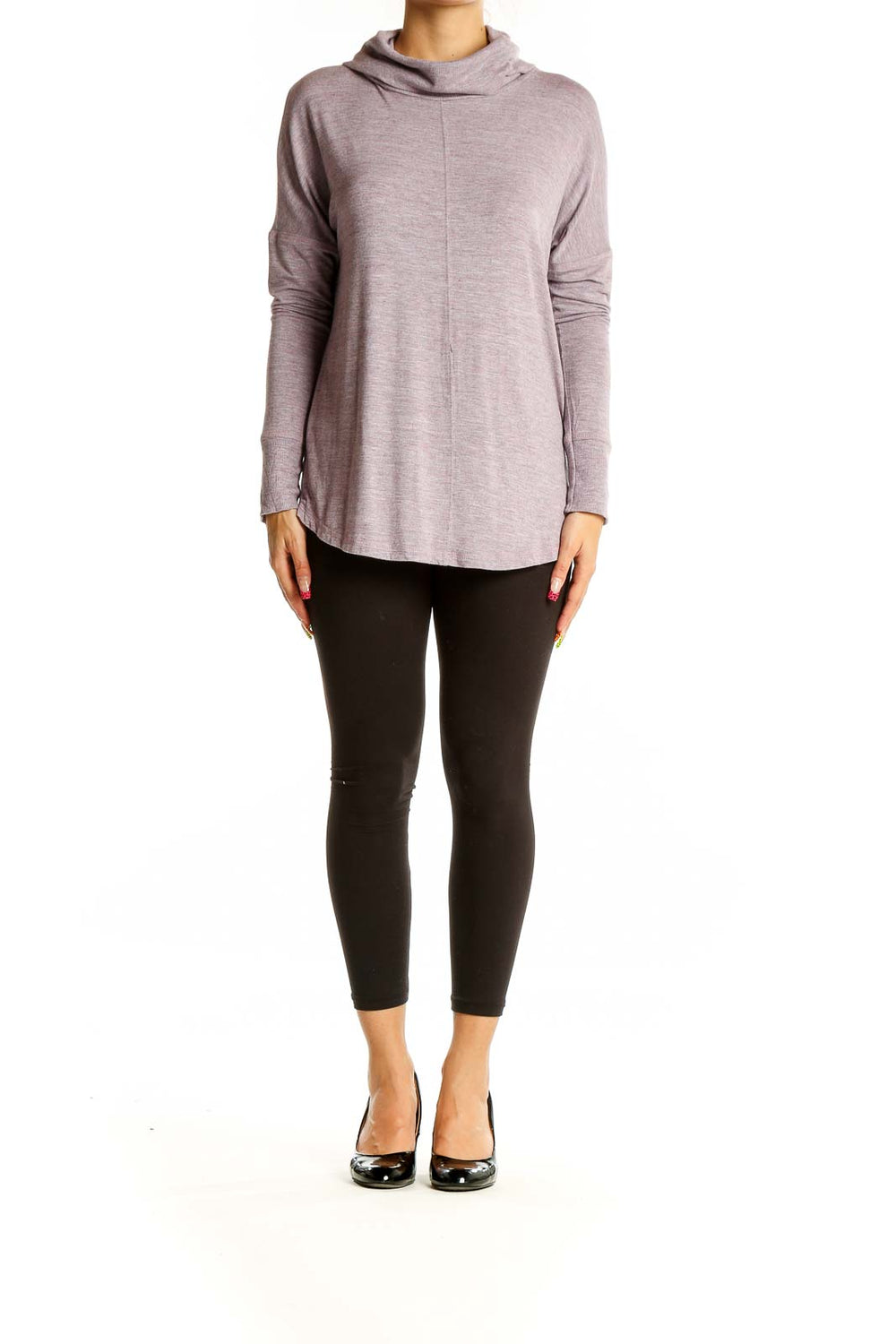 Front view of Rachel Zoe lavender cowl neck long sleeve top