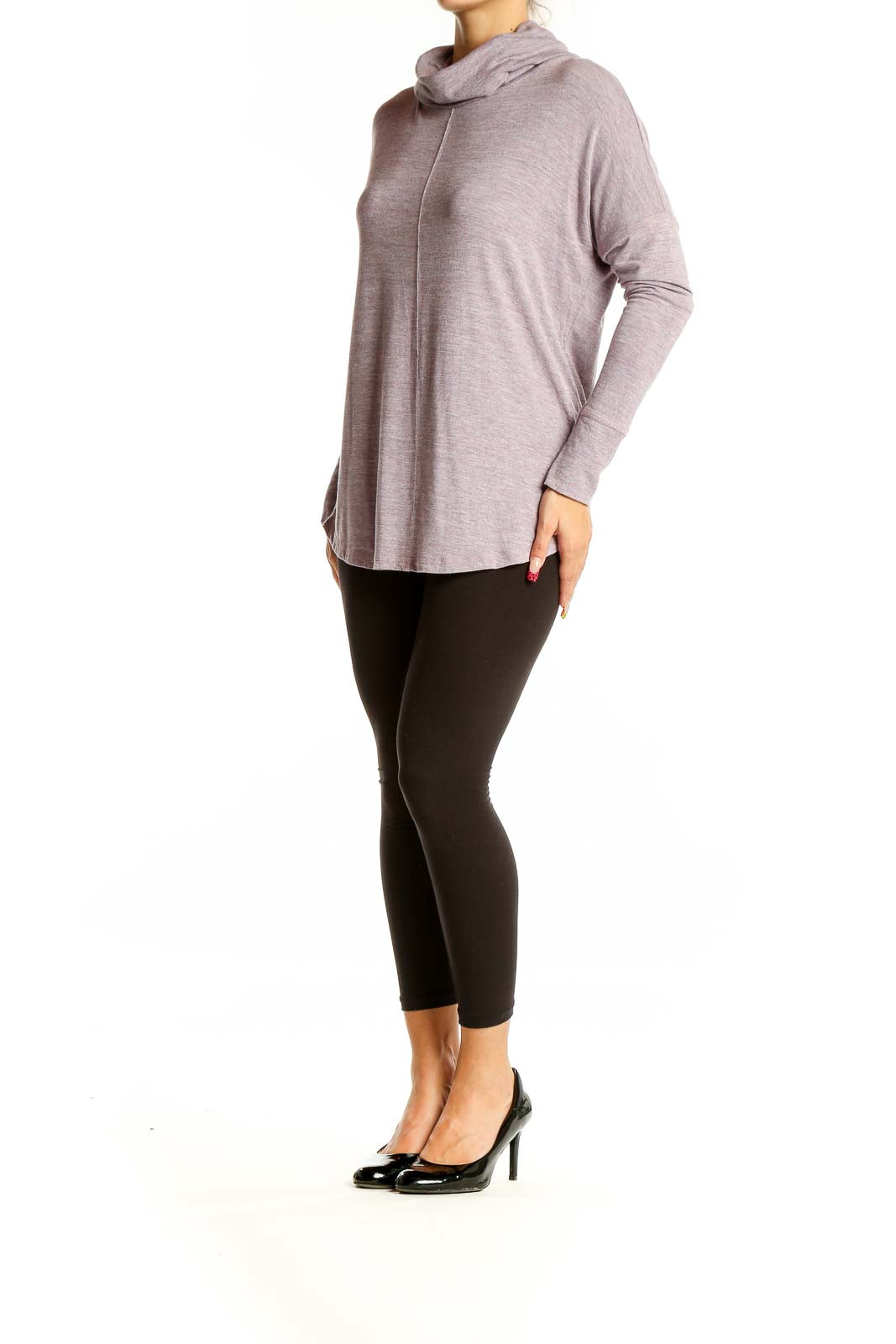 Front view of Rachel Zoe lavender cowl neck long sleeve top