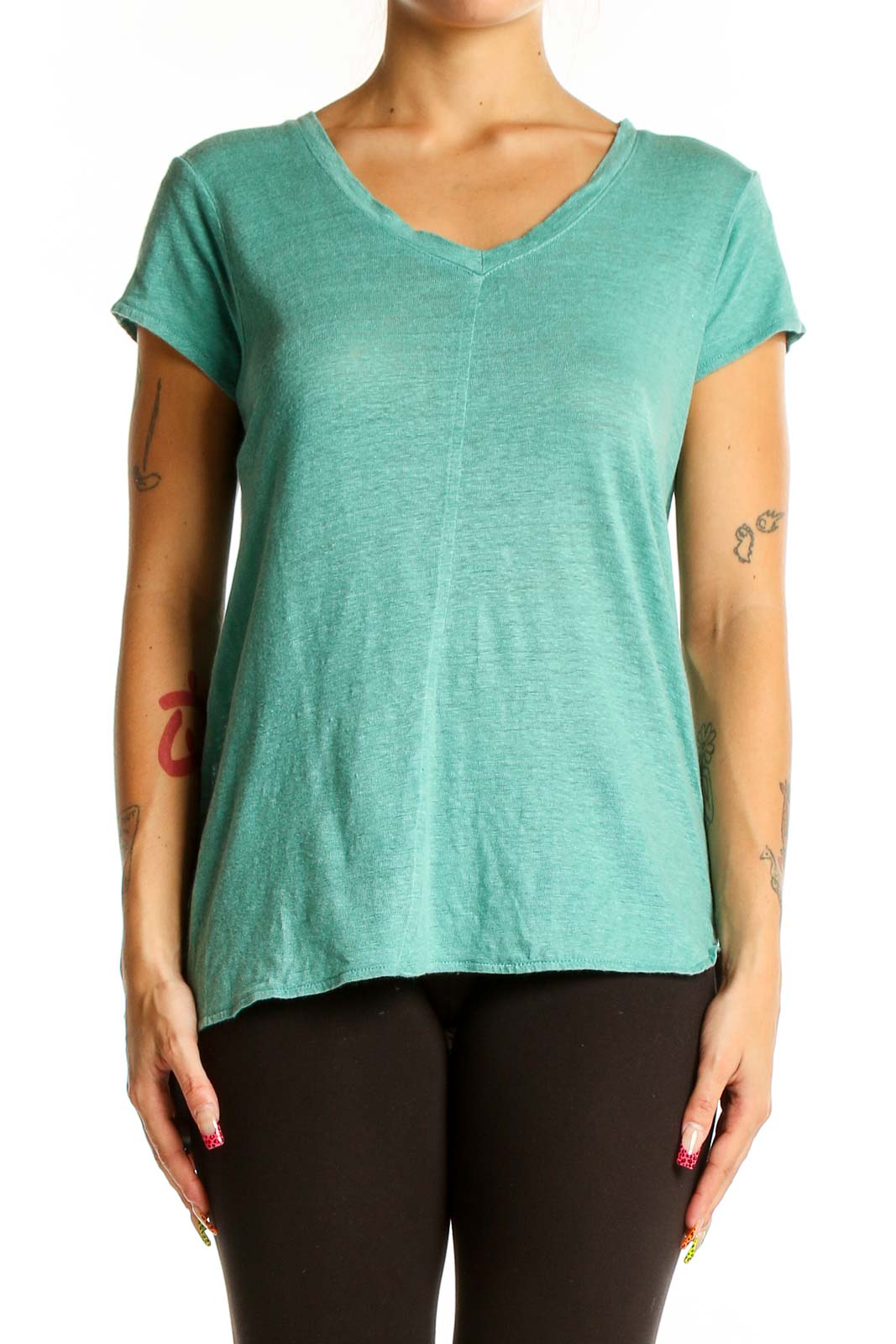 Front view of mint green Tahari linen V-neck t-shirt on model