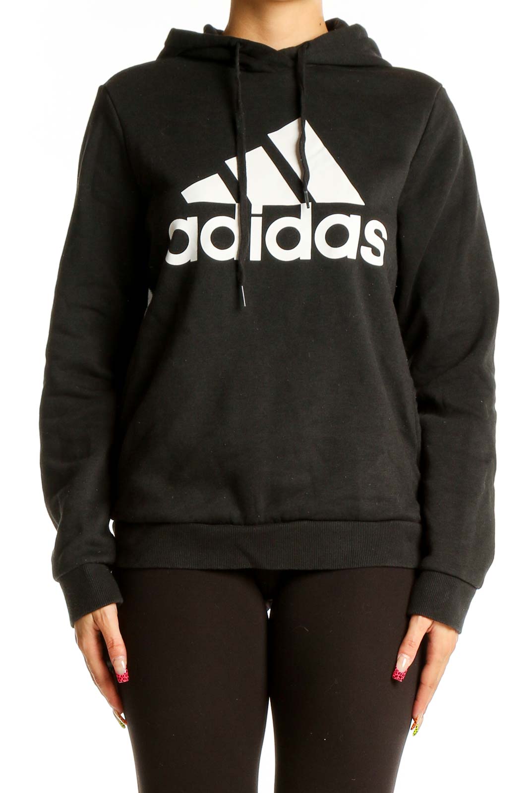 Front view of black Adidas performance hoodie with white logo