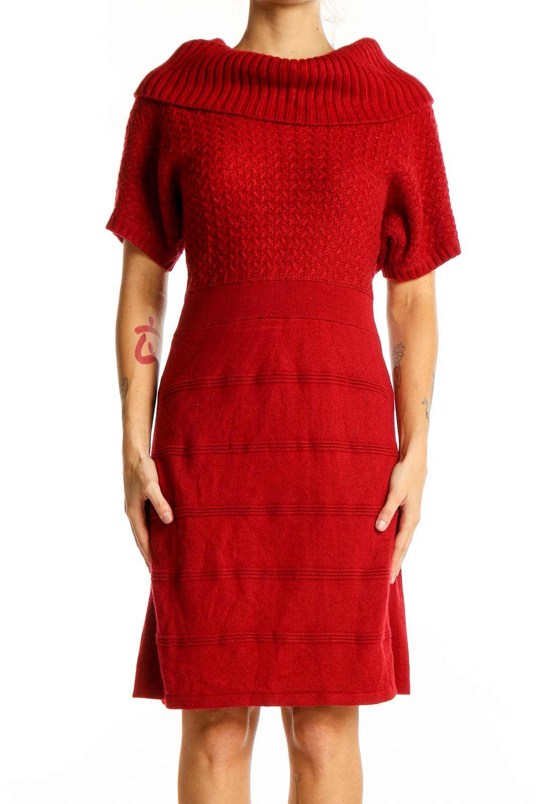 Front view of red cowl neck sweater dress from The Limited