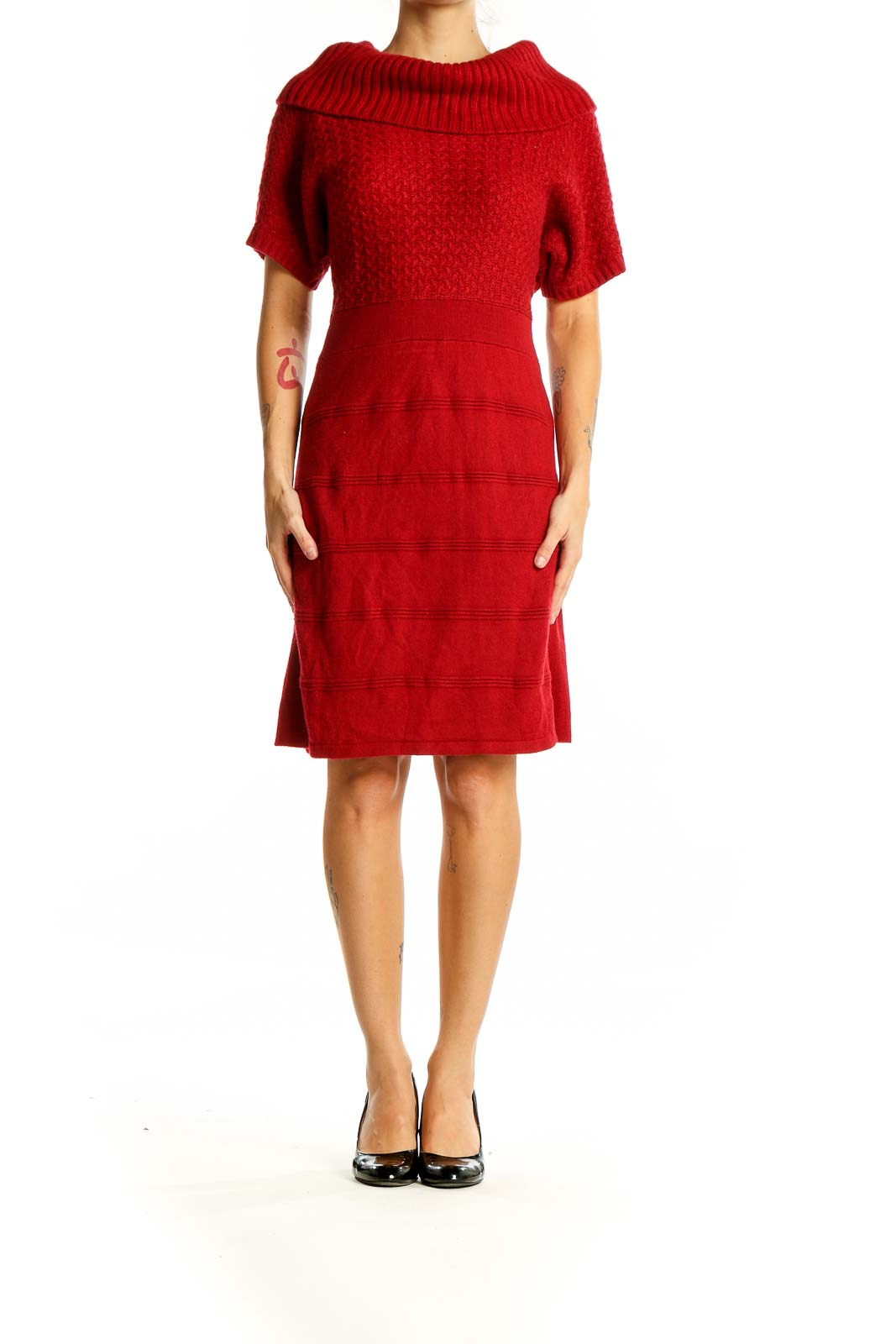 Front view of red cowl neck sweater dress from The Limited