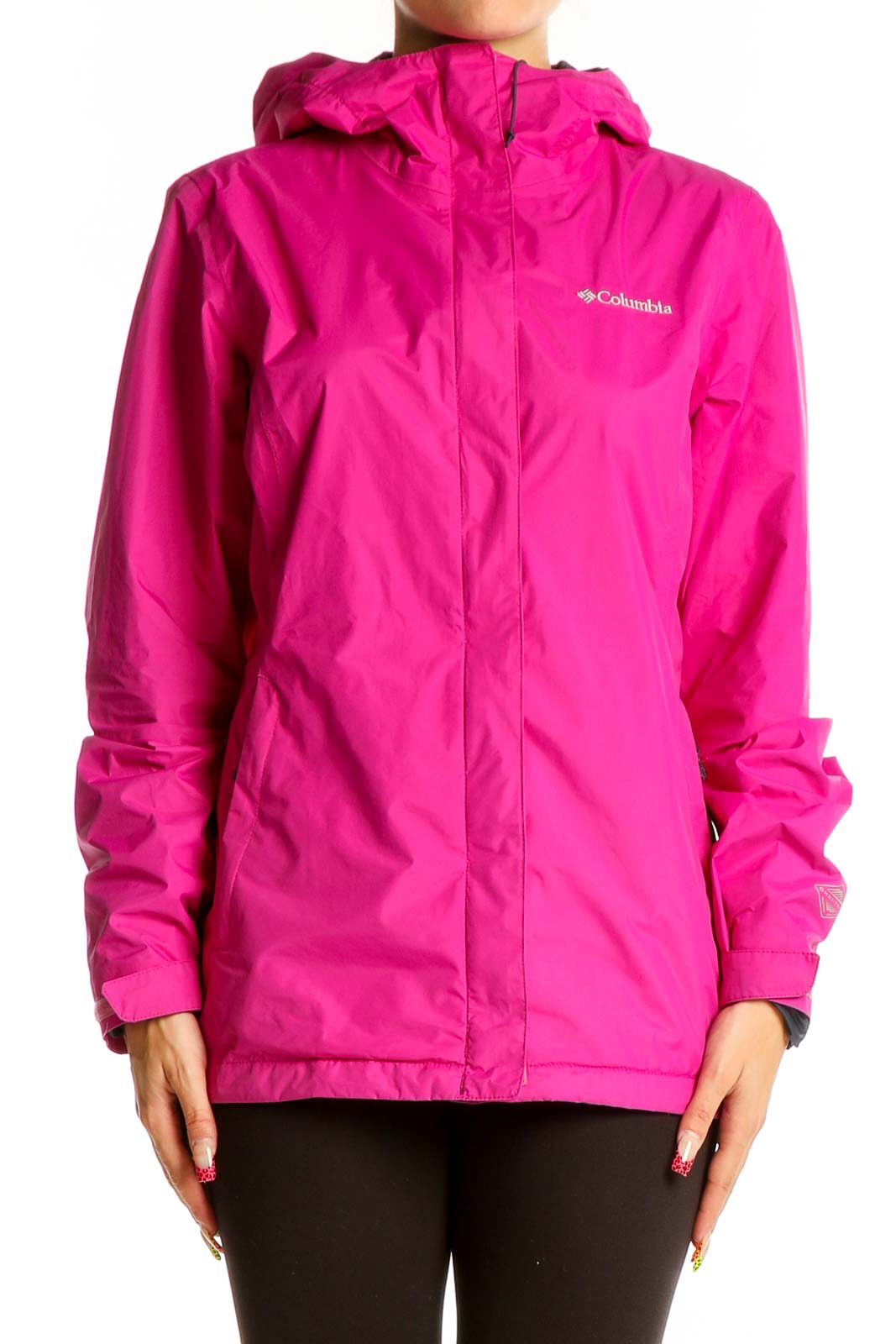 Front view of pink Columbia waterproof jacket with hood