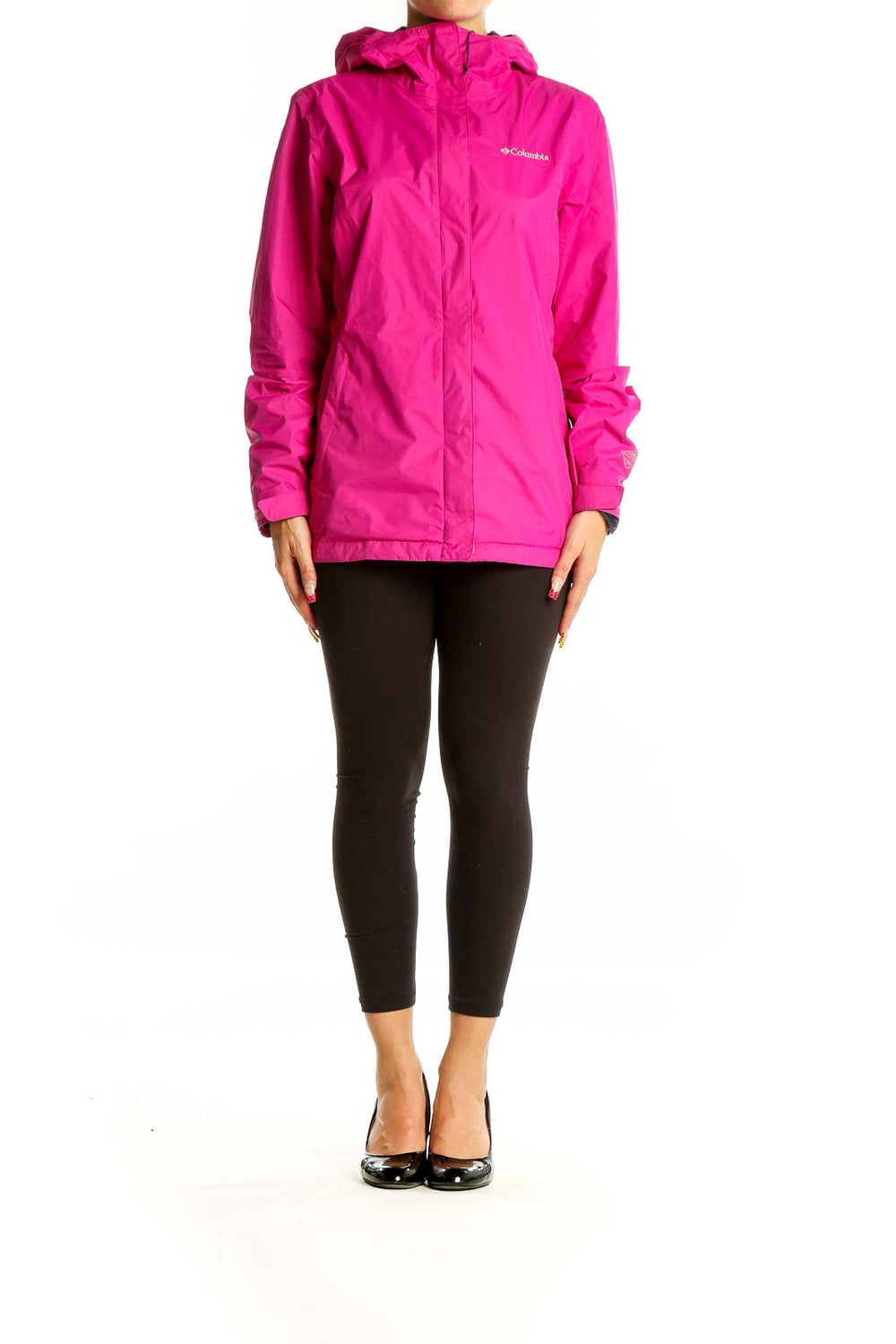 Front view of pink Columbia waterproof jacket with hood