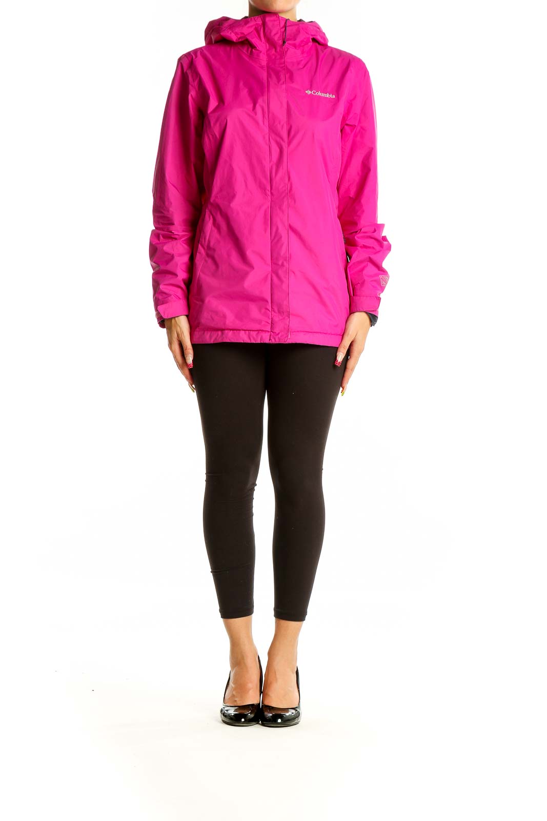 Front view of pink Columbia waterproof jacket with hood