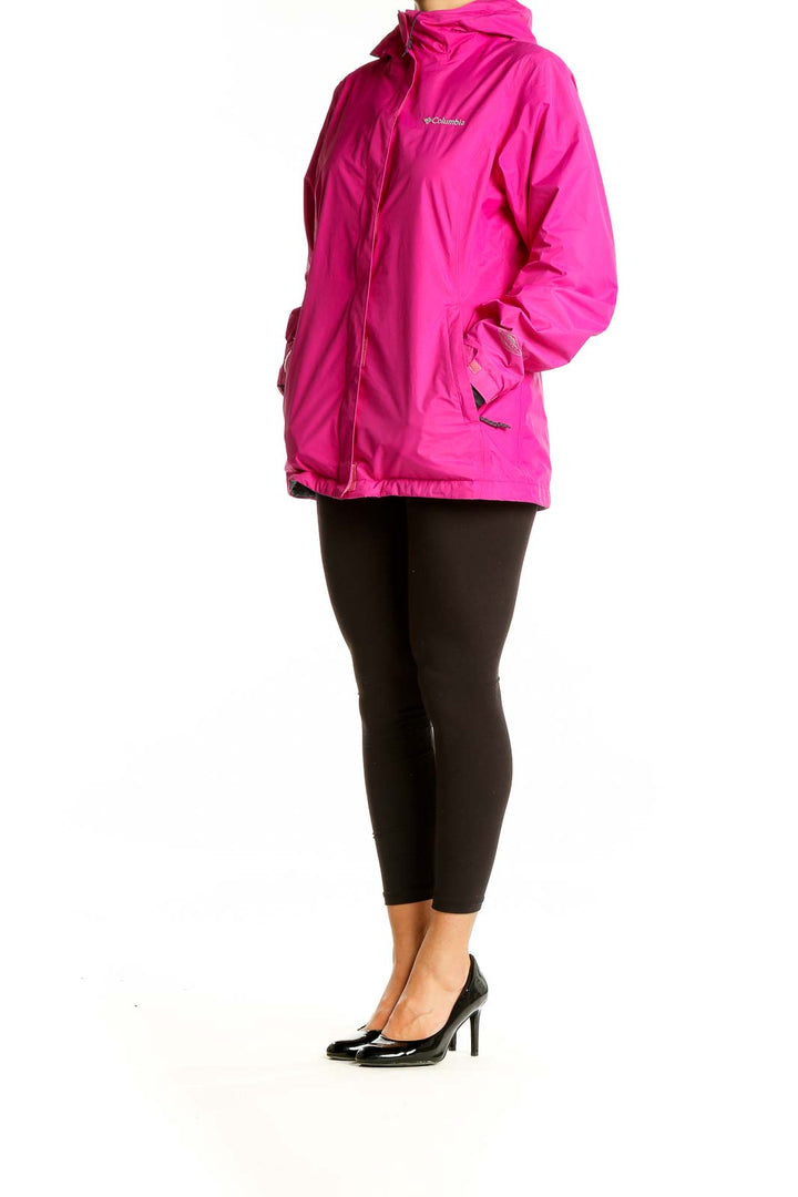 Front view of pink Columbia waterproof jacket with hood