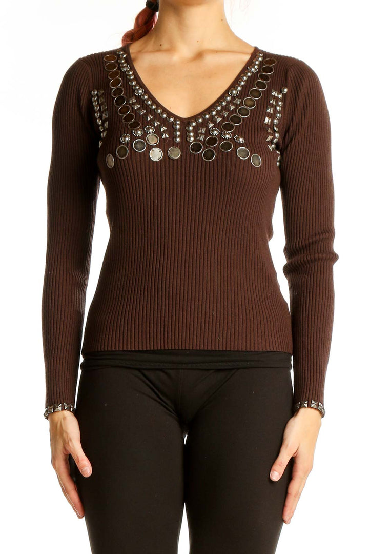 Front view of Luisa Cerano brown ribbed sweater with embellished V-neckline