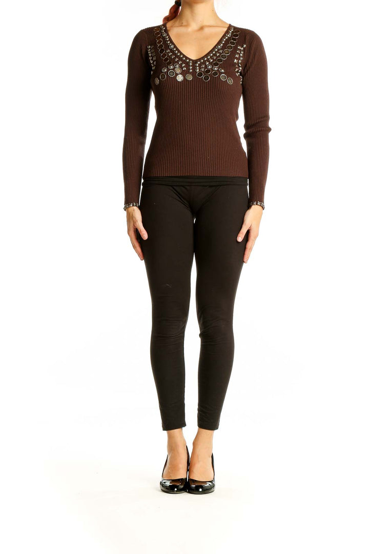 Front view of Luisa Cerano brown ribbed sweater with embellished V-neckline