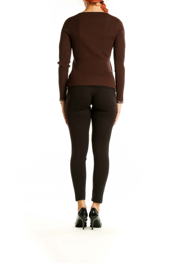 Back view of Luisa Cerano brown ribbed sweater showing fitted silhouette