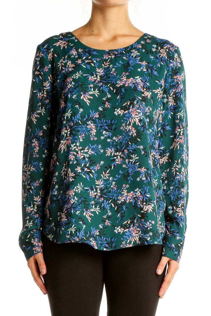 Front view of Banana Republic green floral long sleeve blouse