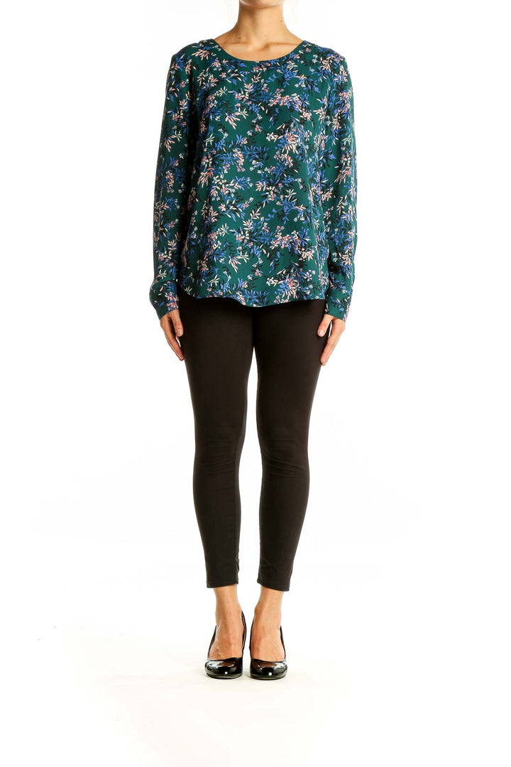 Front view of Banana Republic green floral long sleeve blouse