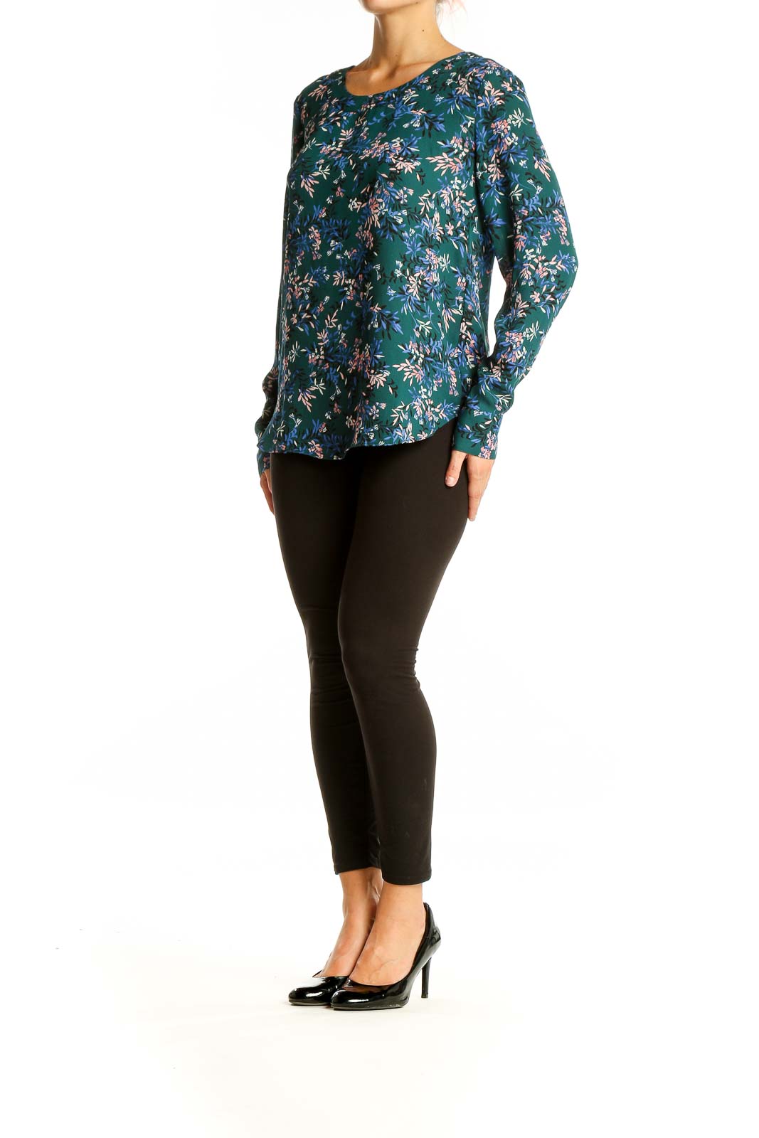 Front view of Banana Republic green floral long sleeve blouse