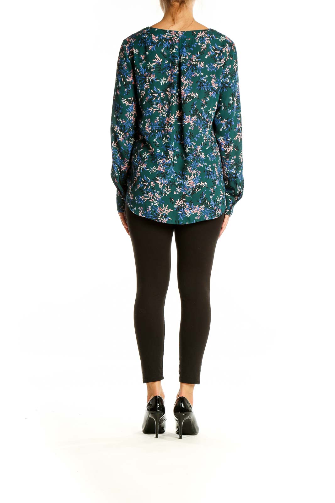 Back view of Banana Republic green floral long sleeve blouse