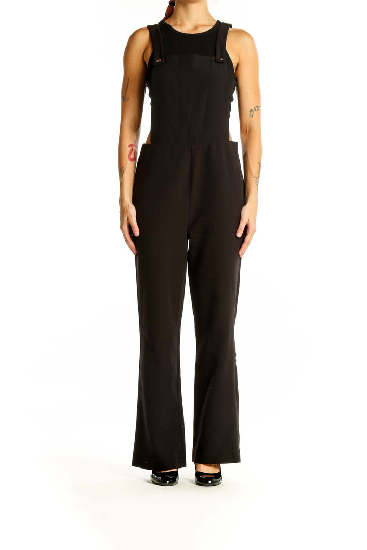 Front view of black sleeveless wide-leg jumpsuit by Romeo & Juliet Couture