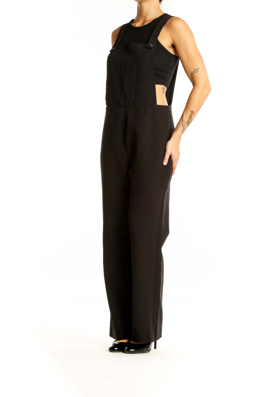 Front view of black sleeveless wide-leg jumpsuit by Romeo & Juliet Couture