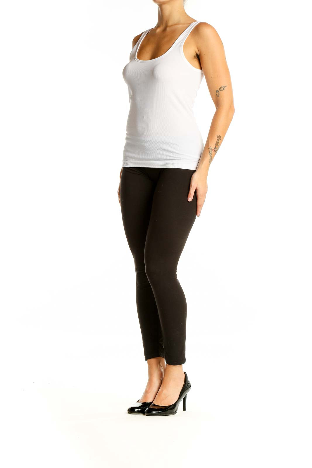 Front view of white ribbed Lululemon tank top