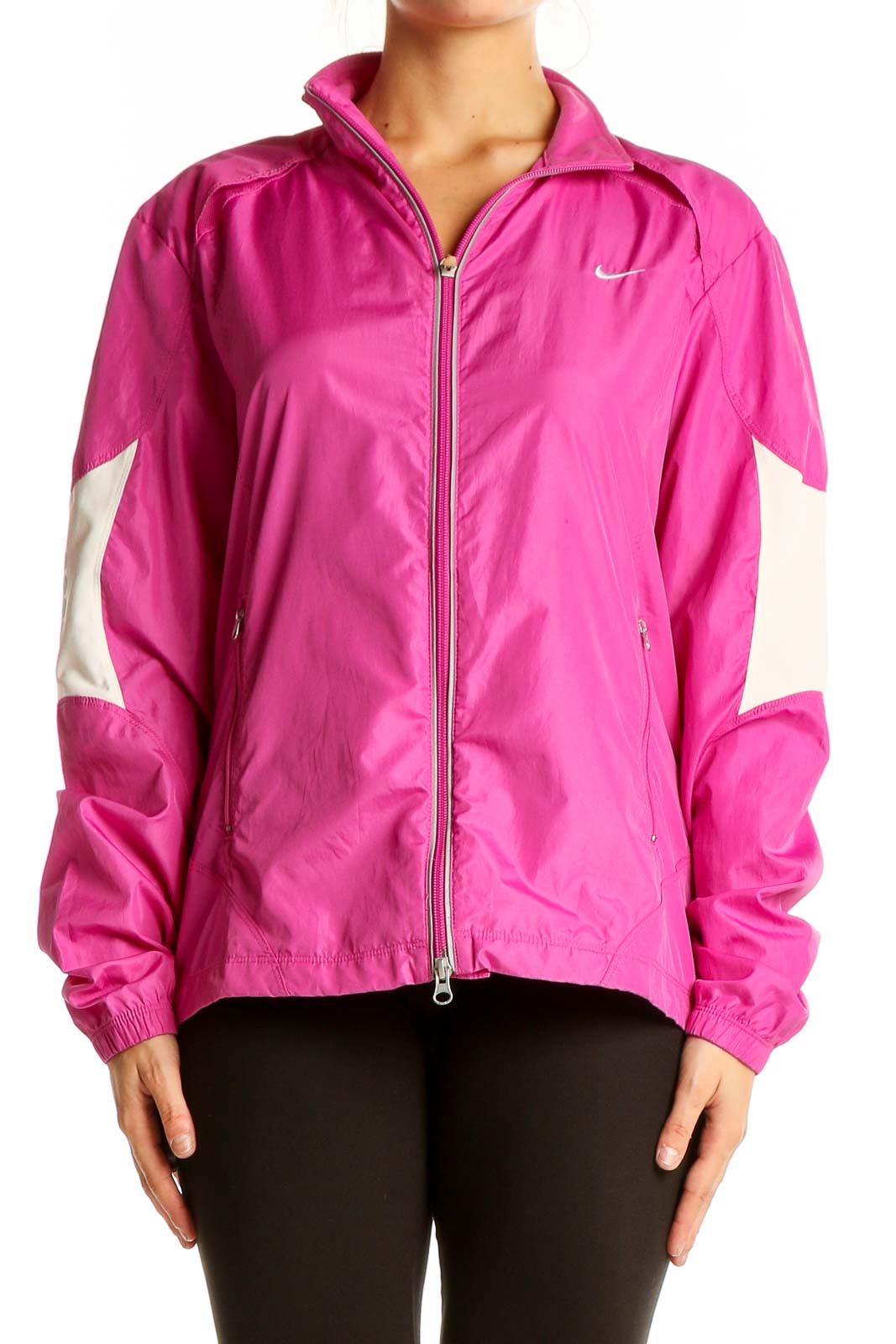 Front view of pink Nike athletic jacket with white sleeve panels