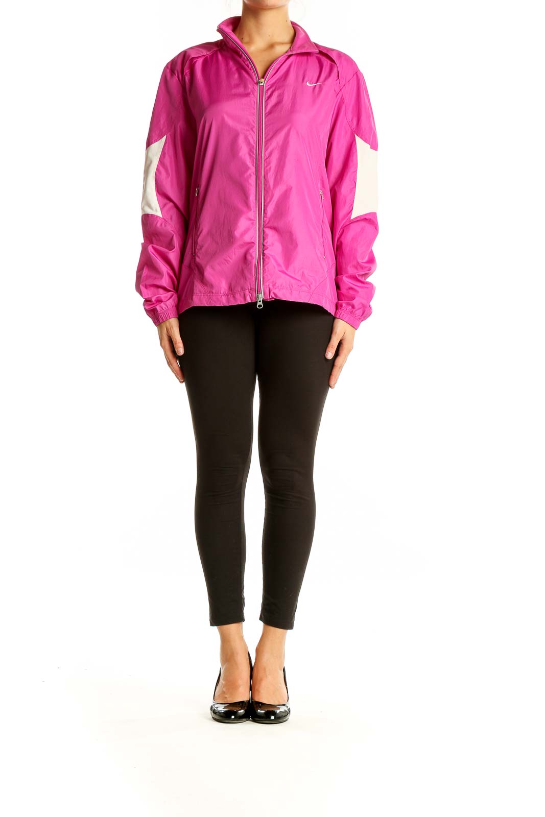 Front view of pink Nike athletic jacket with white sleeve panels