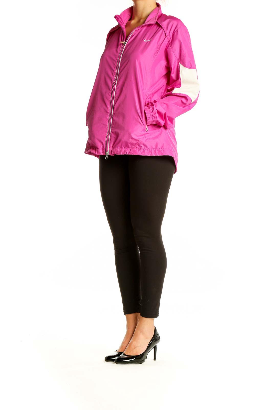 Front view of pink Nike athletic jacket with white sleeve panels