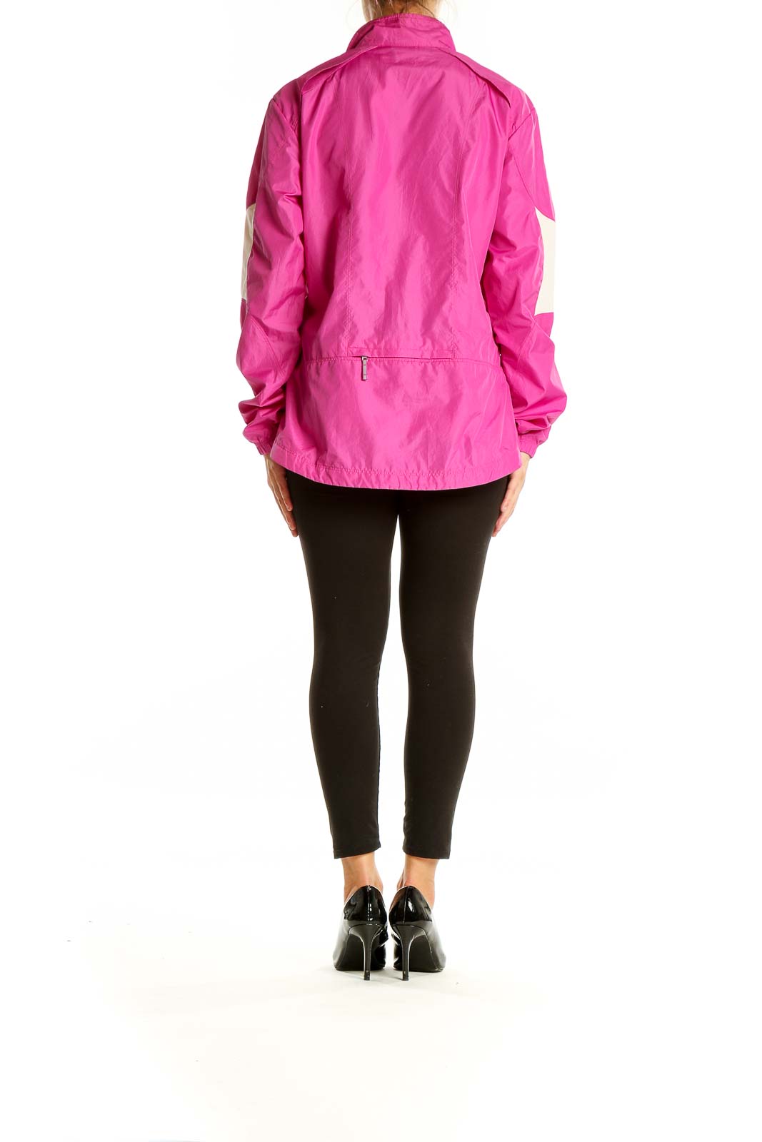 Back view of pink Nike athletic jacket showing full length and fit