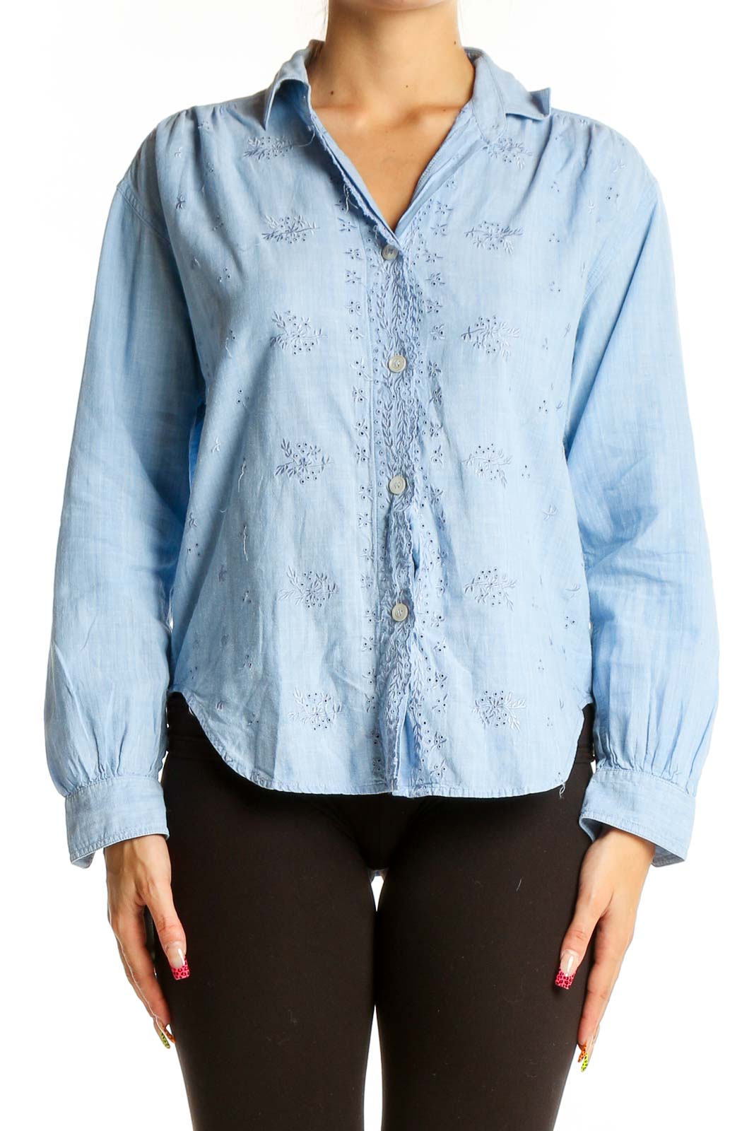 Front view of light blue Liz Sport embroidered cotton button-up shirt