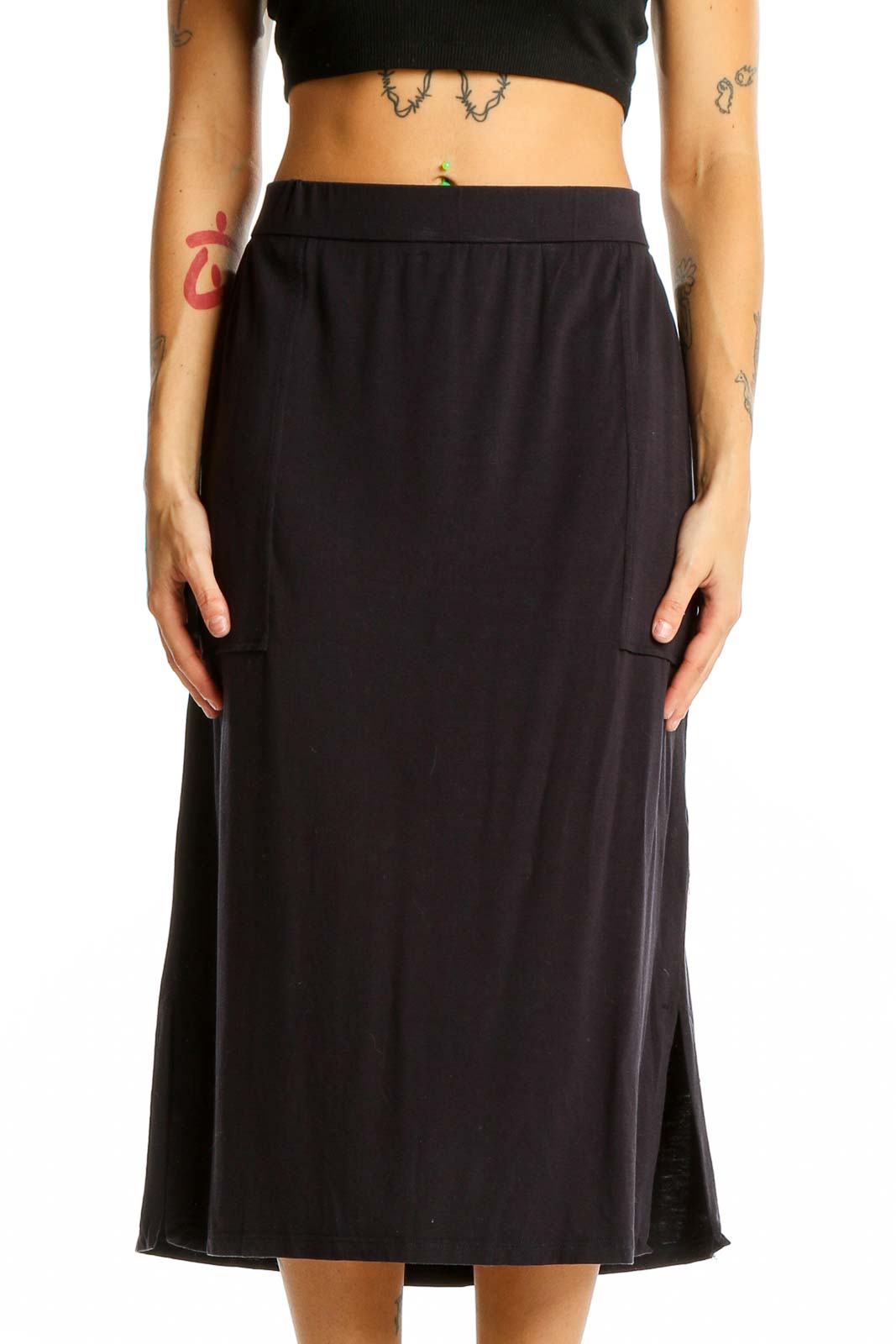 Front view of Eileen Fisher black midi A-line skirt