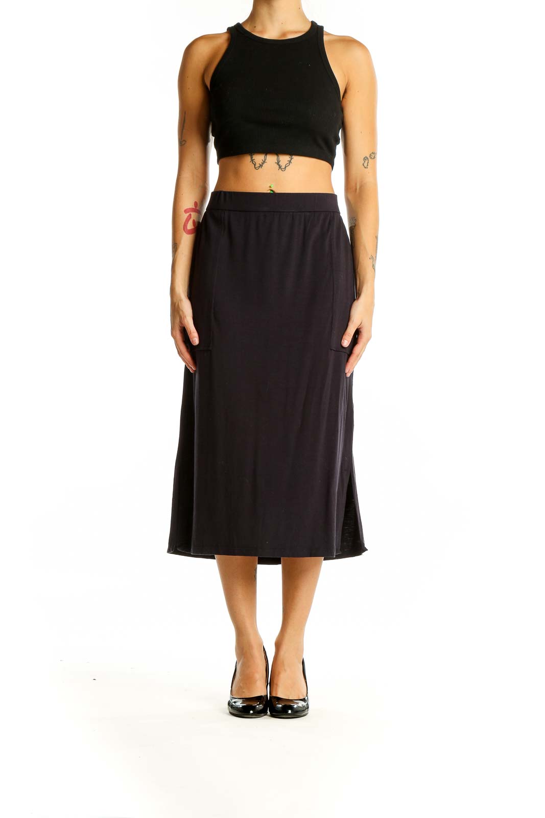 Front view of Eileen Fisher black midi A-line skirt