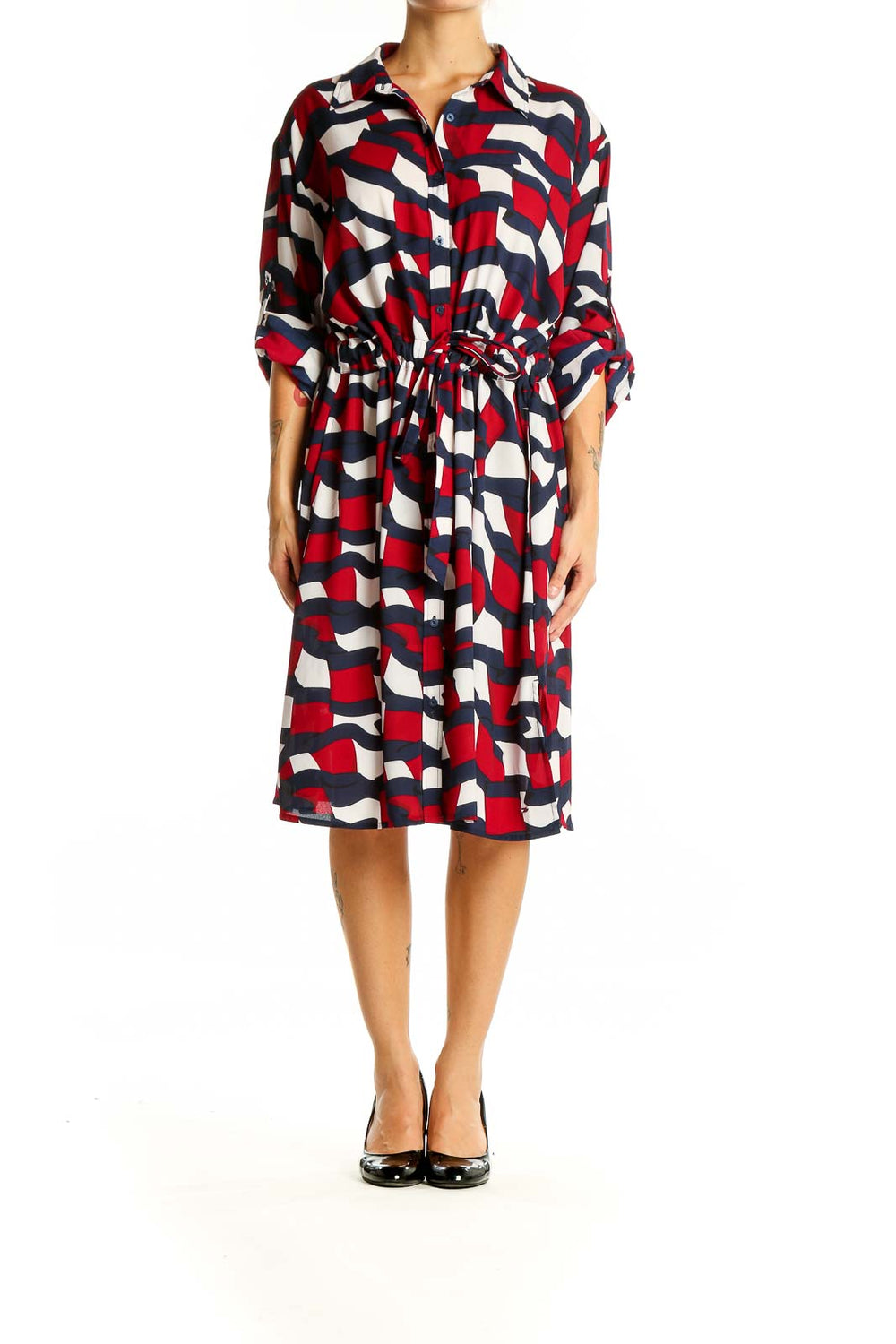 Front view of Tommy Hilfiger geometric print shirt dress in red, white, and navy