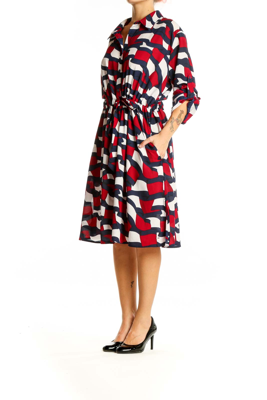 Front view of Tommy Hilfiger geometric print shirt dress in red, white, and navy