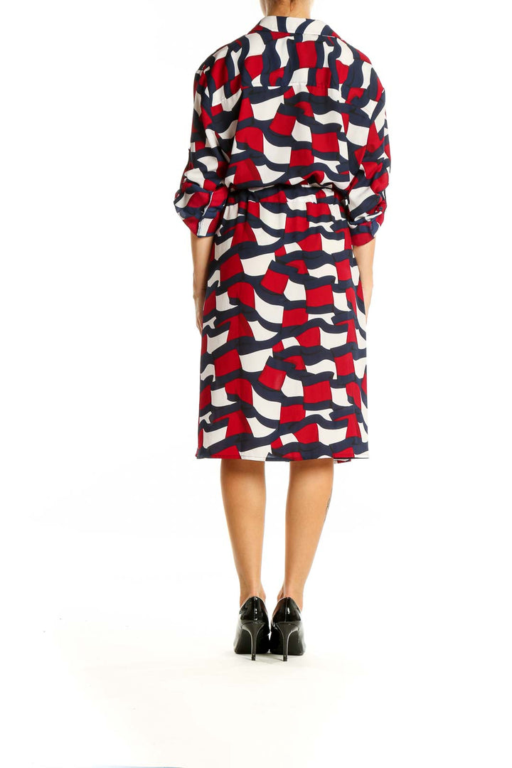 Back view of Tommy Hilfiger geometric print shirt dress showing full length and pattern