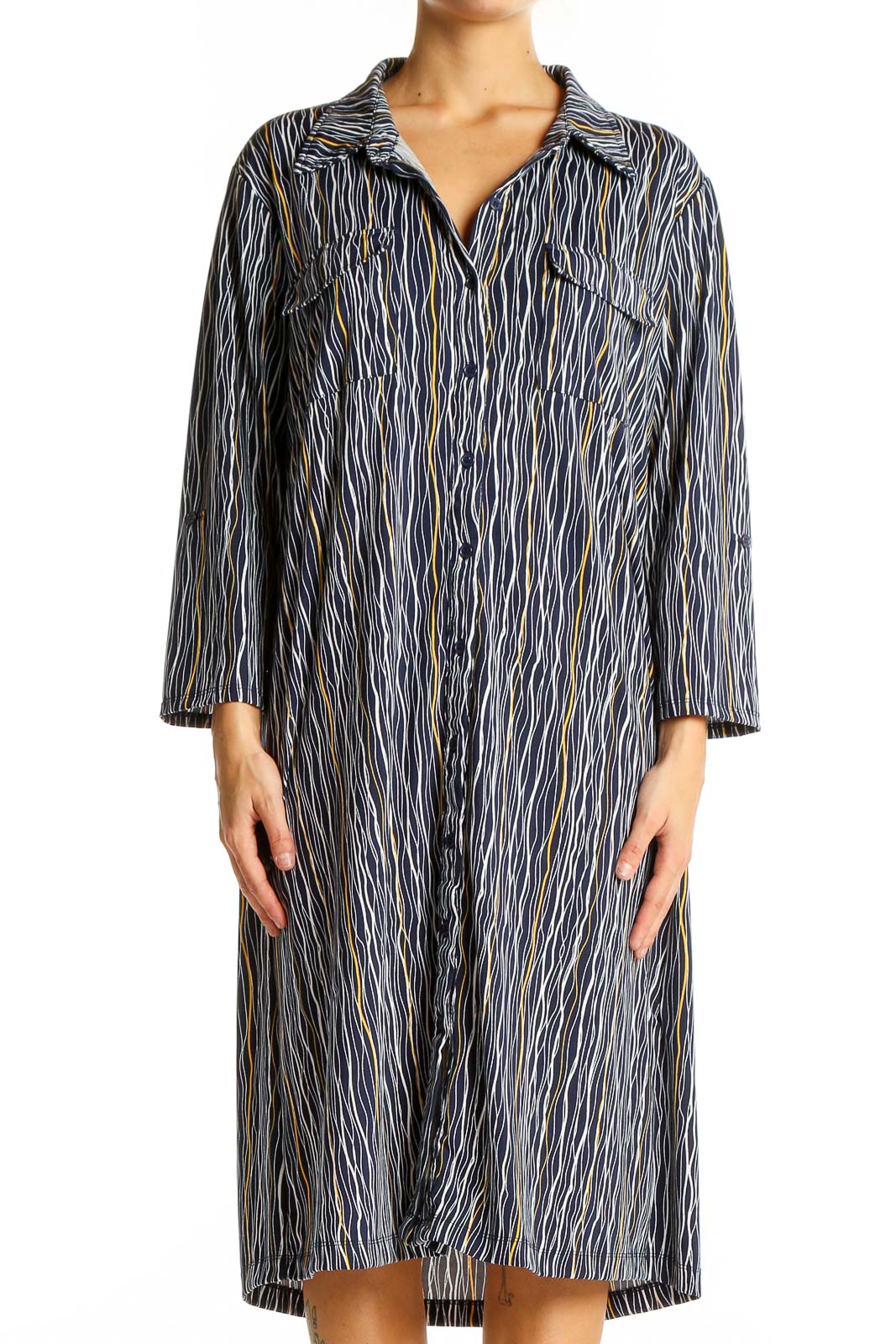 Front view of Robert Louis Blue Striped Button-Down Shirt Dress