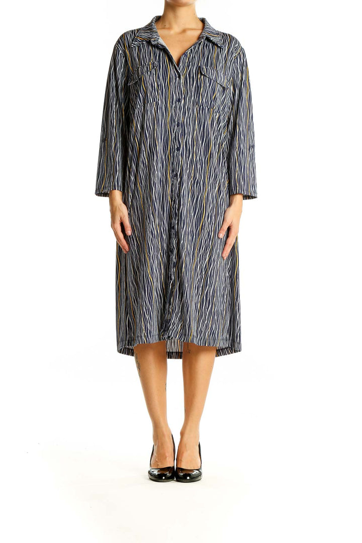 Front view of Robert Louis Blue Striped Button-Down Shirt Dress