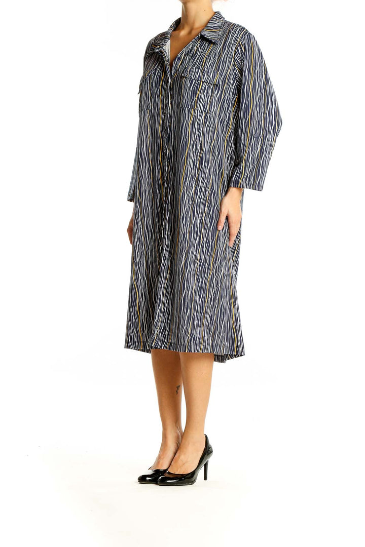 Front view of Robert Louis Blue Striped Button-Down Shirt Dress