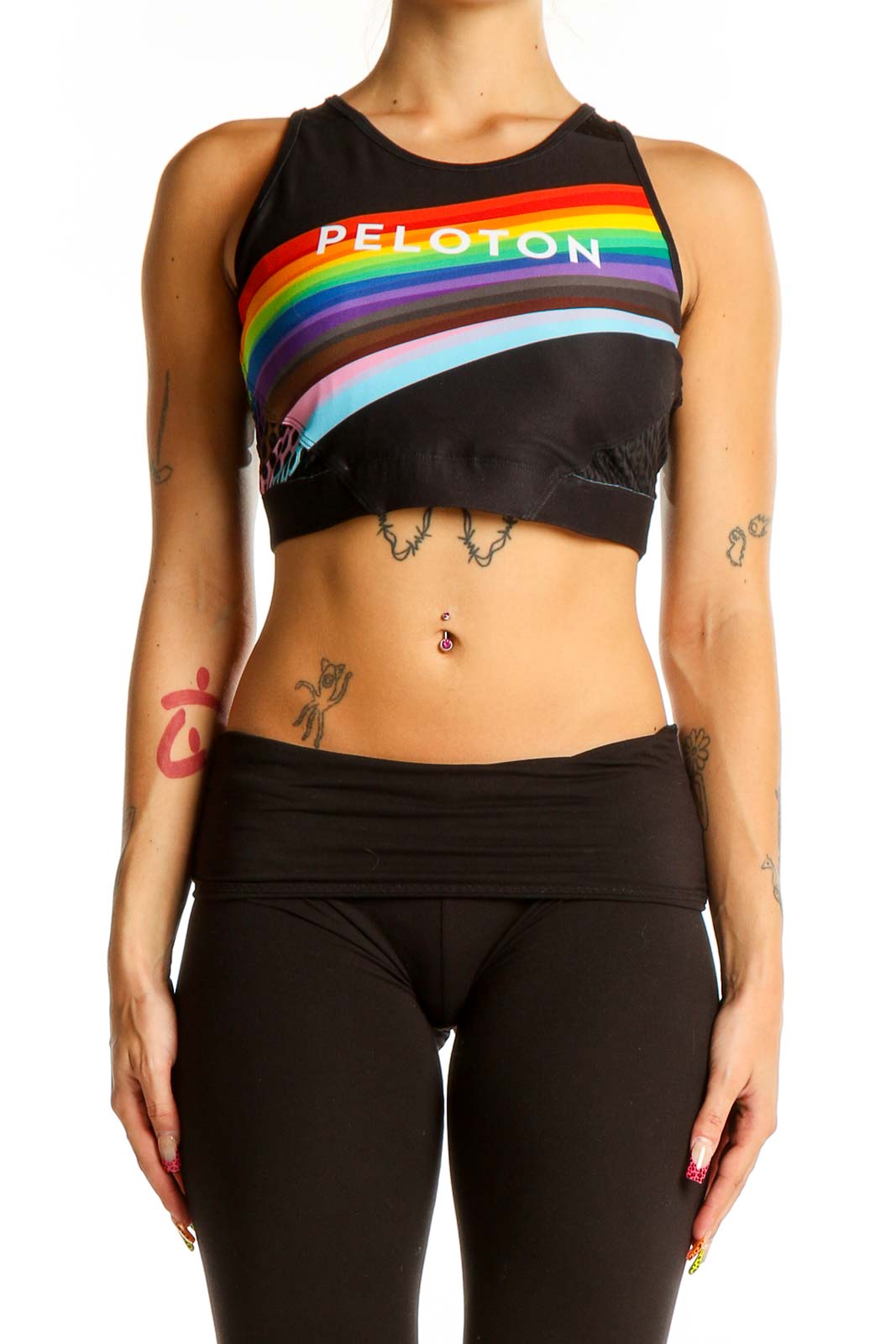 Front view of Lululemon x Peloton Black Rainbow Stripe Crop Top