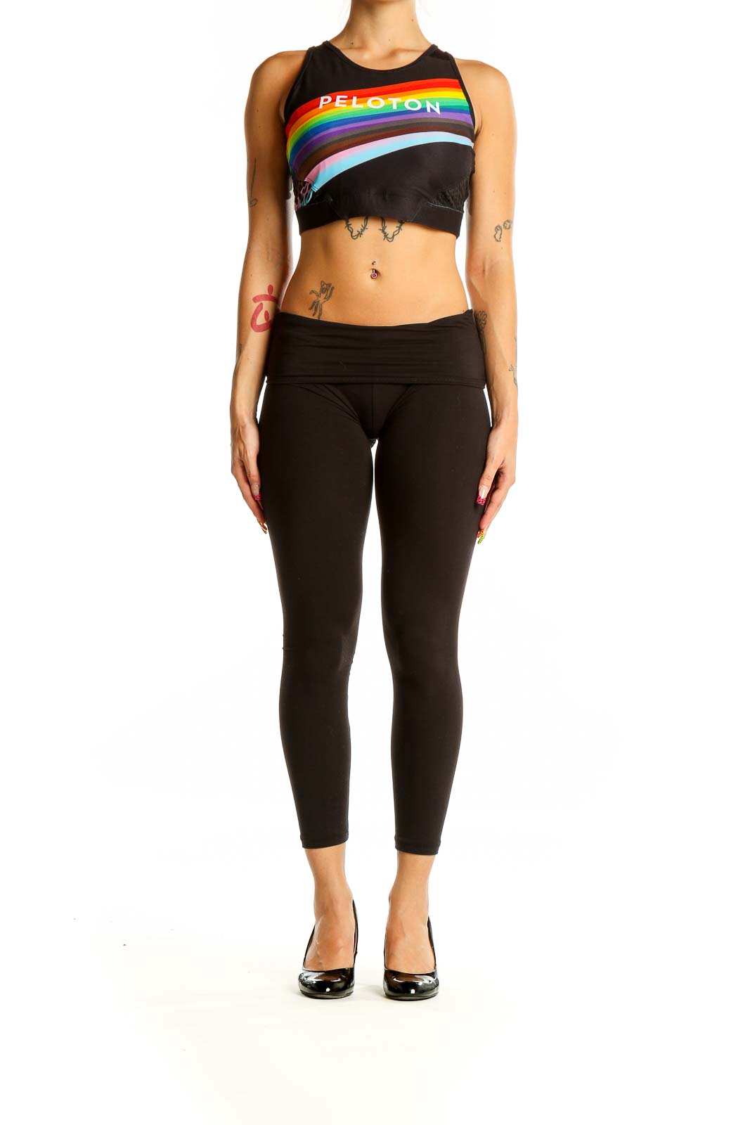 Front view of Lululemon x Peloton Black Rainbow Stripe Crop Top