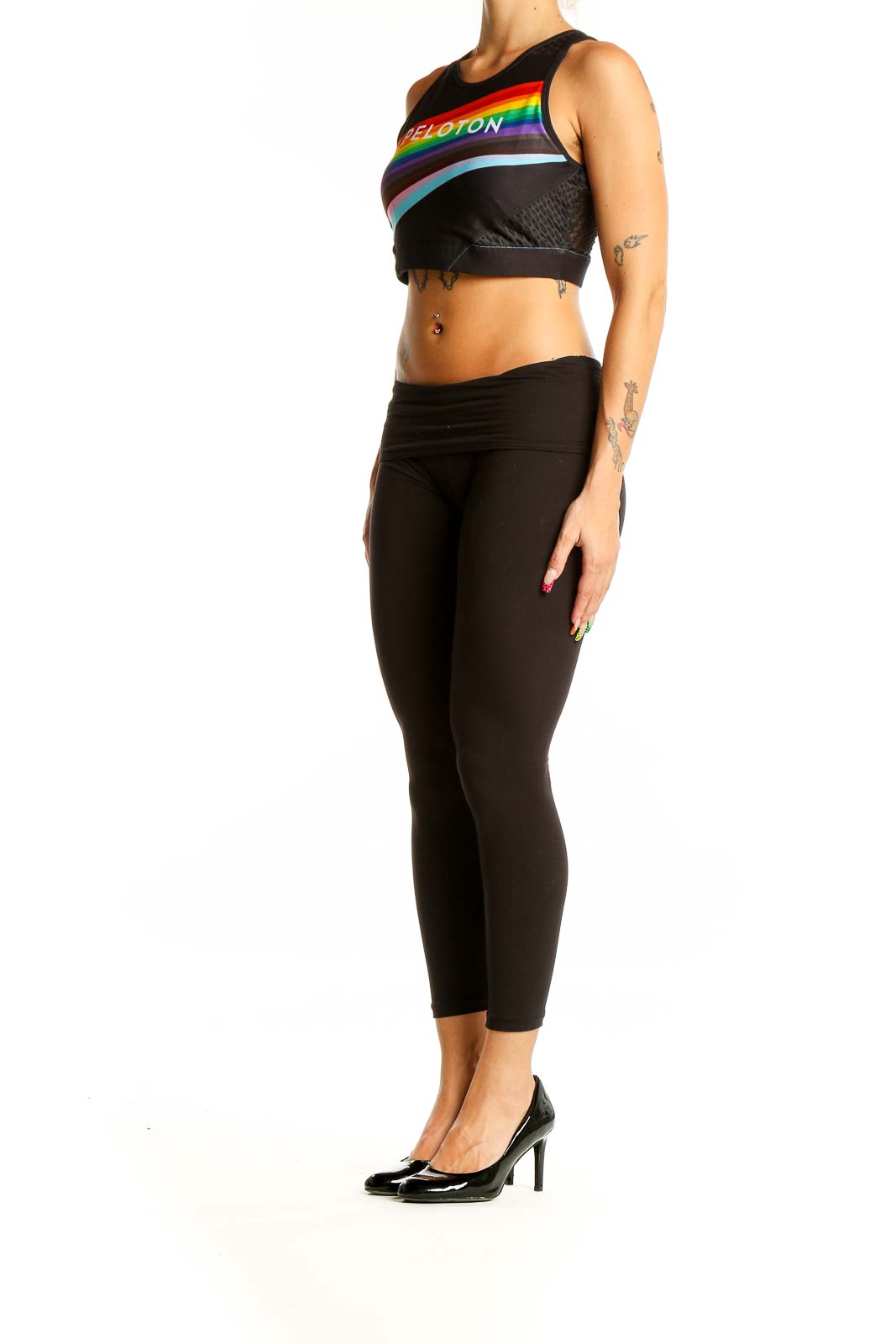 Front view of Lululemon x Peloton Black Rainbow Stripe Crop Top