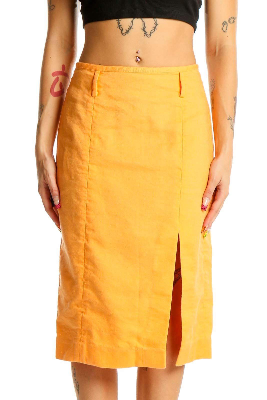 Front view of J.Crew yellow linen-blend midi skirt with side slit