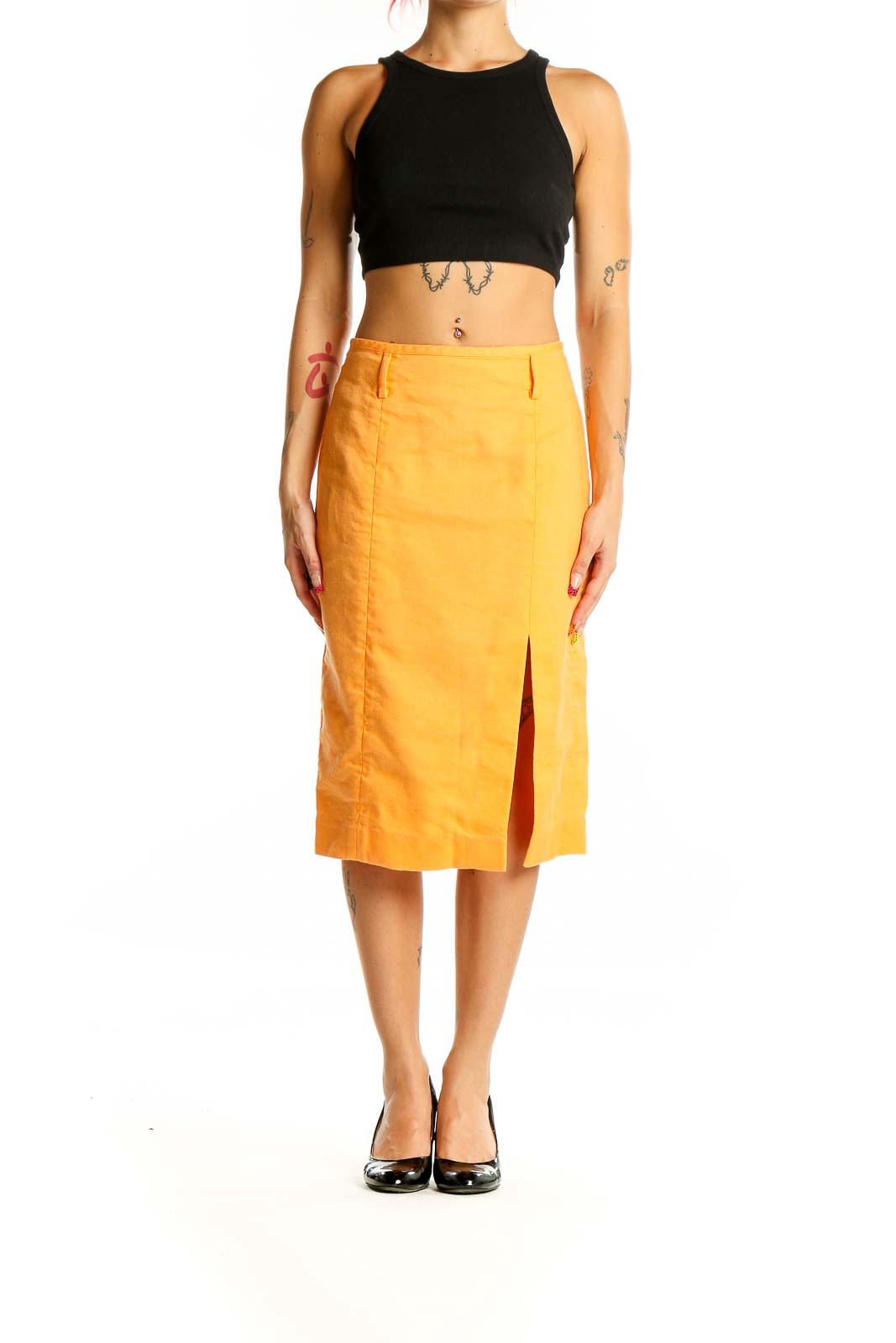 Front view of J.Crew yellow linen-blend midi skirt with side slit