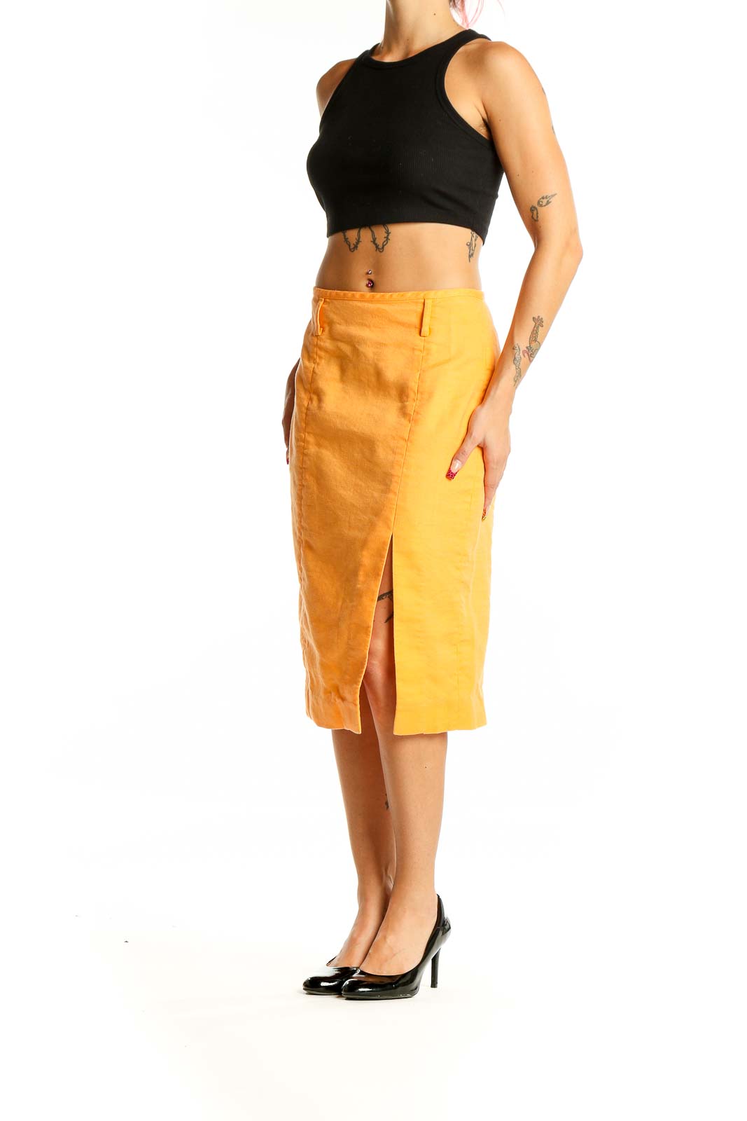 Front view of J.Crew yellow linen-blend midi skirt with side slit