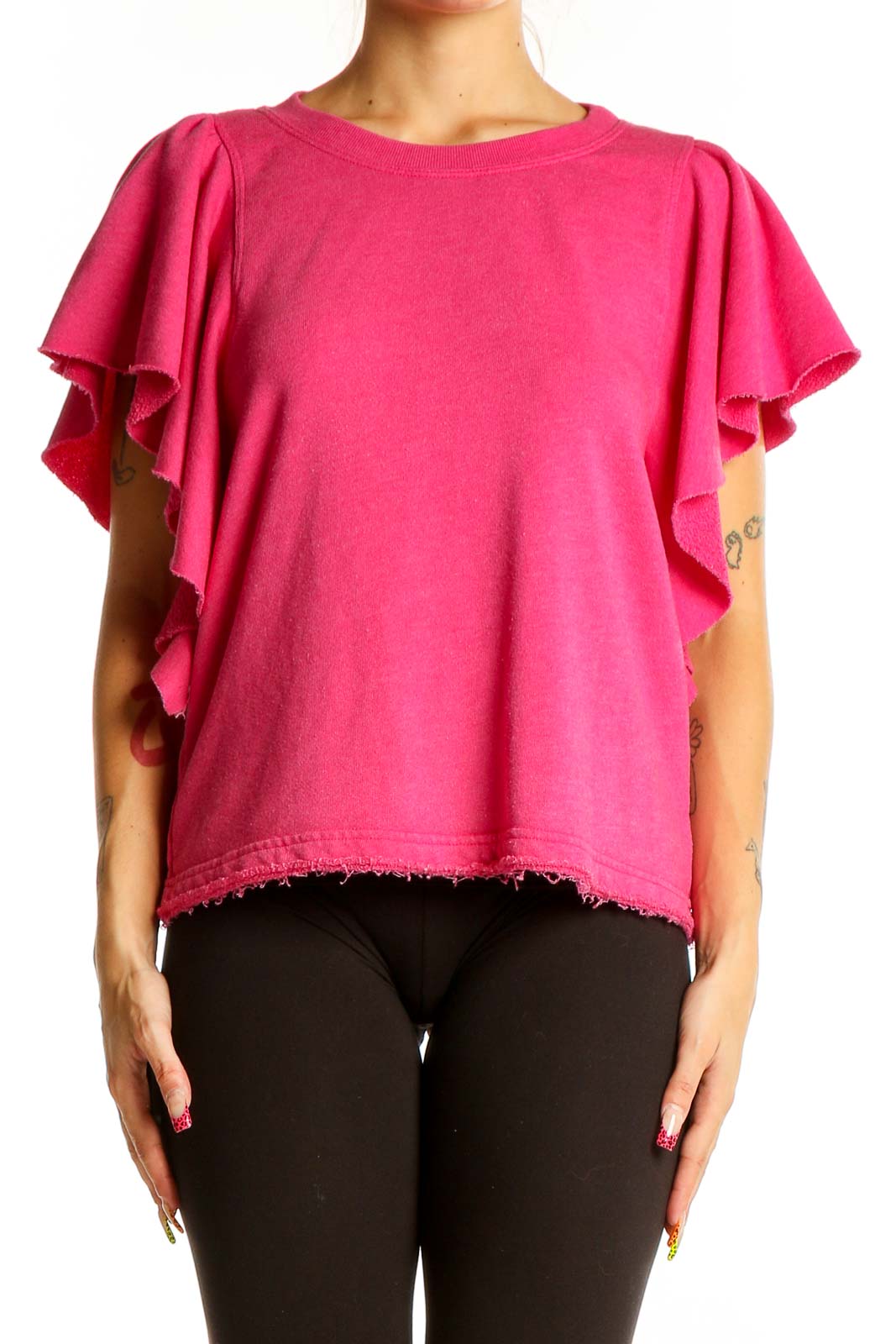 Front view of hot pink Michael Stars top with ruffled sleeves