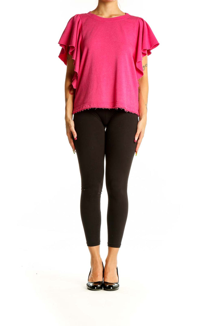 Front view of hot pink Michael Stars top with ruffled sleeves