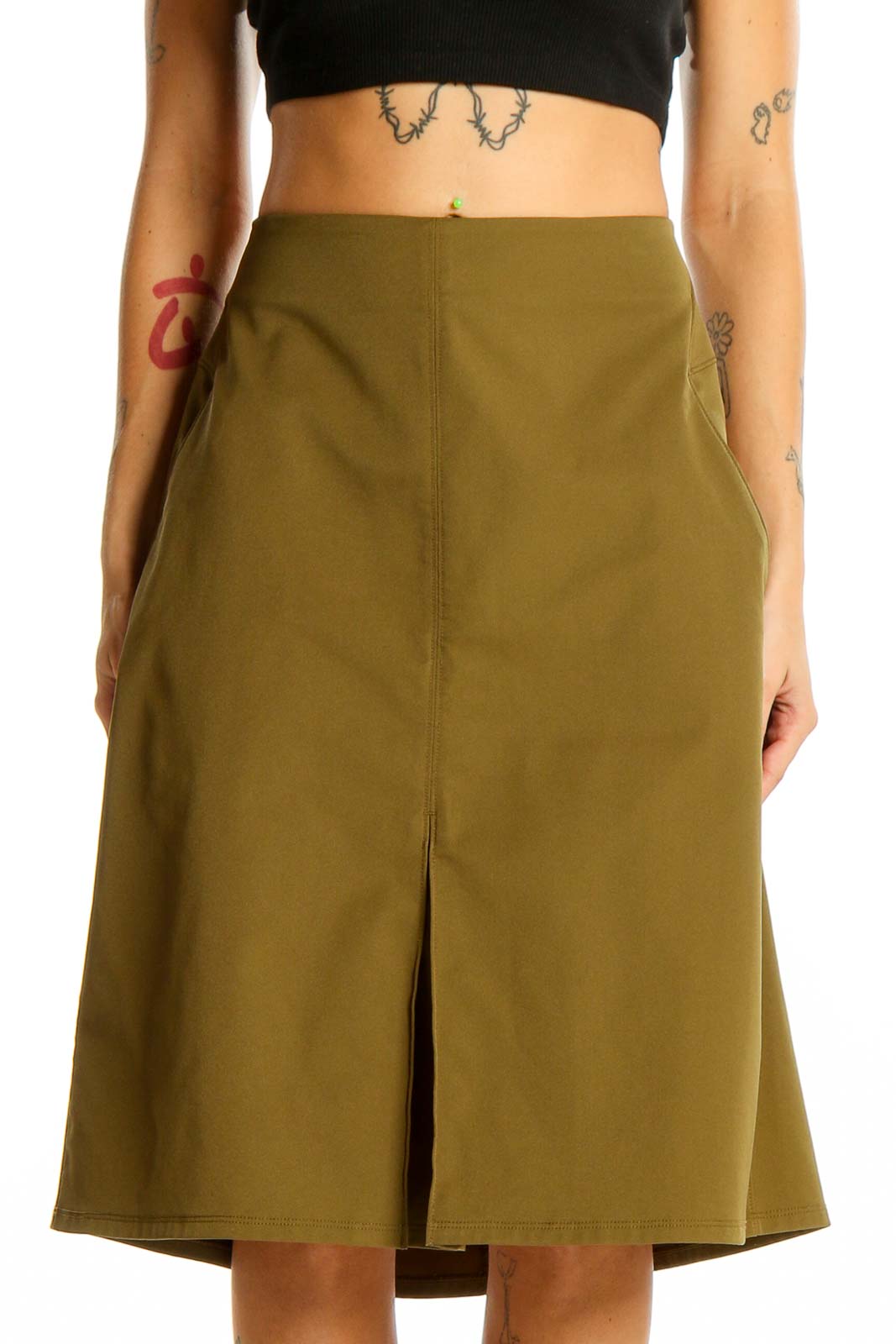 Front view of Nau olive A-line midi skirt with front slit