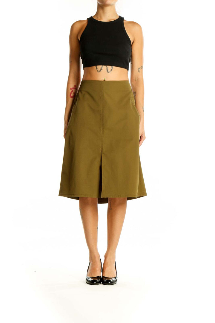 Front view of Nau olive A-line midi skirt with front slit